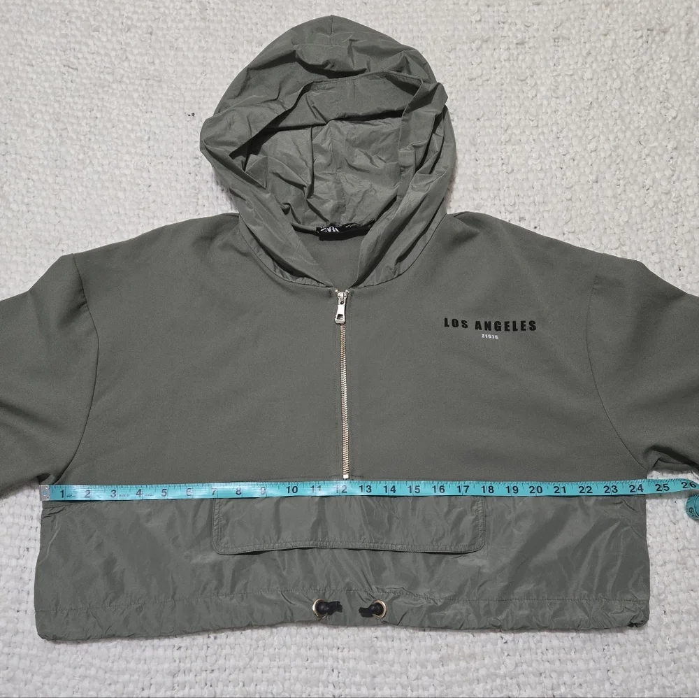 ZARA Olive Green Los Angeles Hoodie Half Zip Cropped Pullover Size Large - Picture 11 of 16